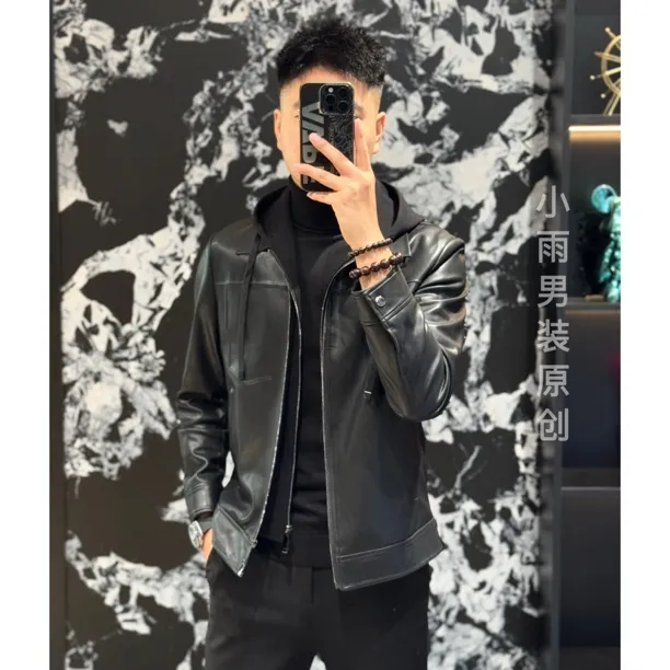 小雨男装｜秋冬新品男士蛋白皮高奢定制休闲皮衣夹克Z（活帽）