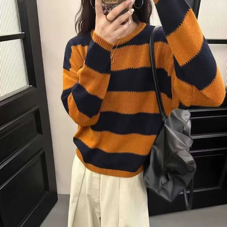 2025新款简约通勤长袖针织条纹女毛针织衫打底上衣马海毛百搭