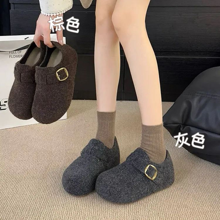 君君羊羔毛内里加绒毛呢勃肯鞋