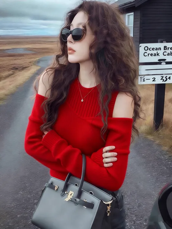 红色毛衣女款爆款2025新款洋气秋冬设计感露肩针织衫休闲外穿上衣