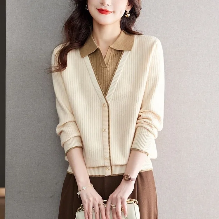 V领假两件针织衫女2025秋冬新款上衣洋气宽松百搭显瘦打底衫上装
