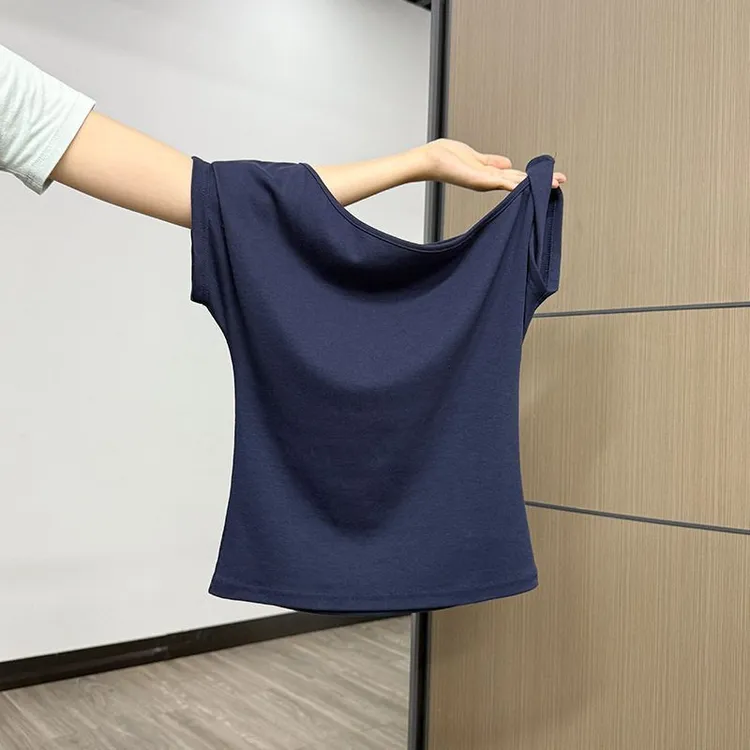 藏青色斜肩短袖T恤女2025年夏季新款慵懒风设计感短款露肩上衣