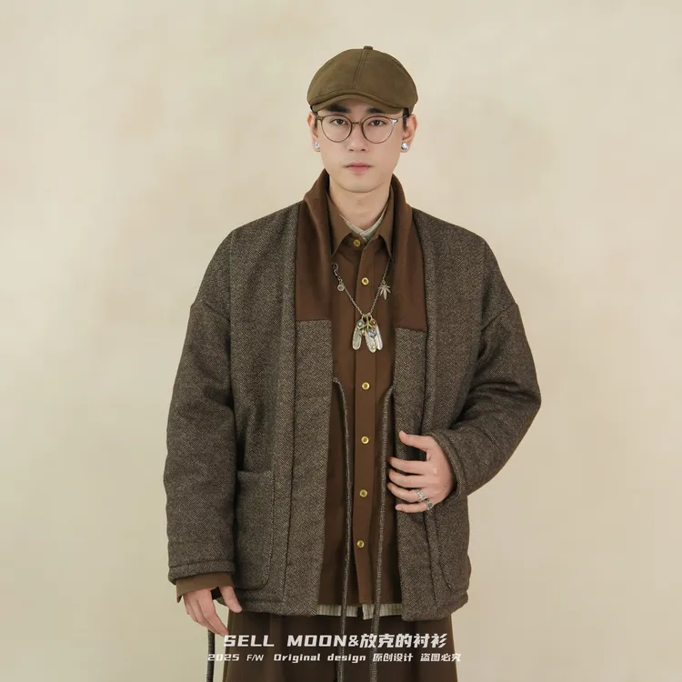 SELLMOON冬季复古拼接菱形格纹休闲宽松百搭夹棉道袍棉服道袍男款