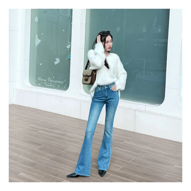 ADI爱典 紧身微喇牛仔裤 冬季加绒高腰显瘦静奢风老钱风