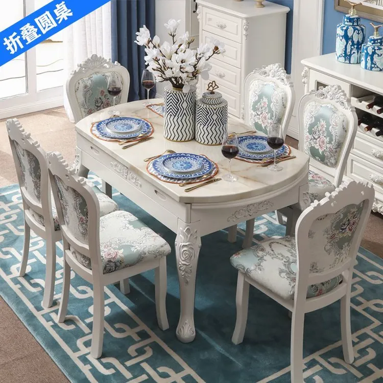 欧式餐桌椅组合圆形伸缩折叠大理石圆桌实木小户型家用长方形饭桌