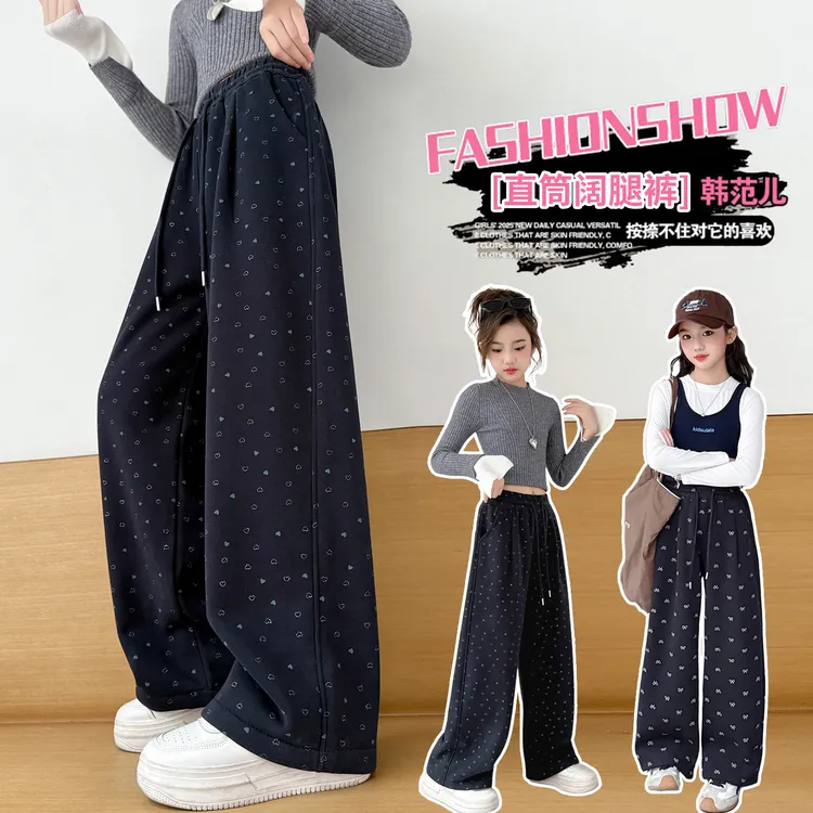 【高品质-加绒】女童秋冬韩版直筒裤中大童百搭印花休闲裤