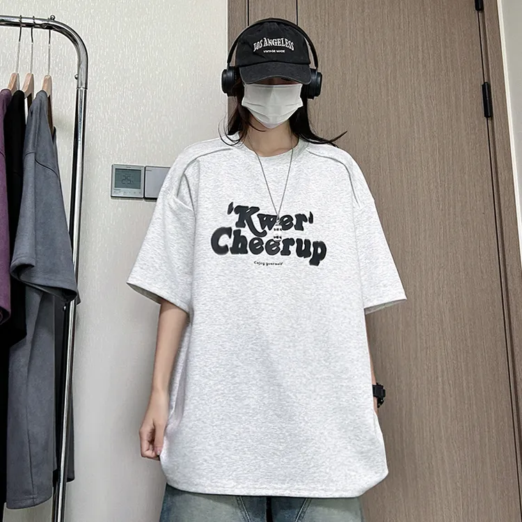 重磅拉链短袖T恤男生夏季新款美式简约百搭上衣字母印花圆领半袖