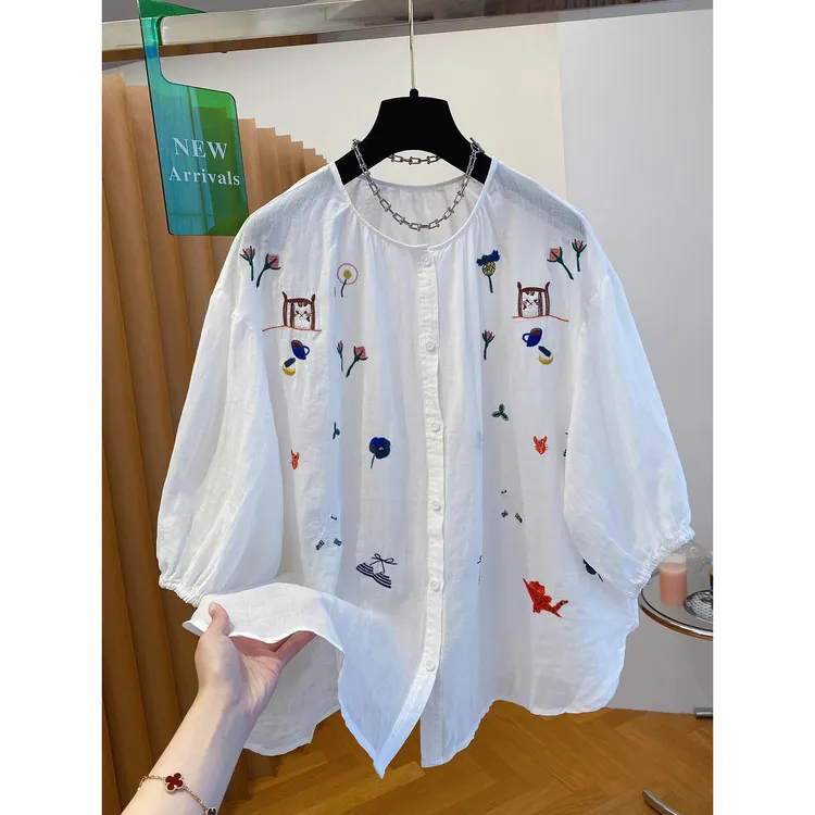 胖妹妹240斤大码刺绣苎麻衬衫女短袖夏季新款宽松轻薄五分袖上衣