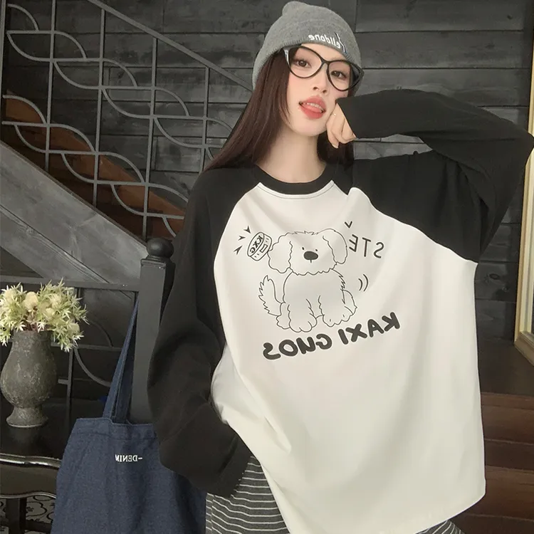 80675冬季双面德绒加厚大码女装圆领印花长袖打底T恤