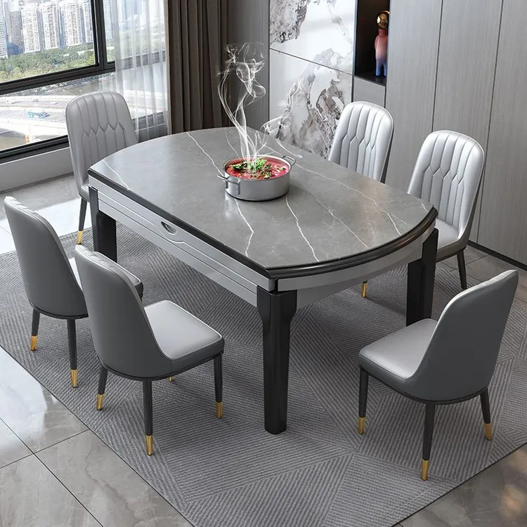 轻奢岩板餐桌餐椅组合小户型简约家用实木吃饭桌子方圆可伸缩折叠