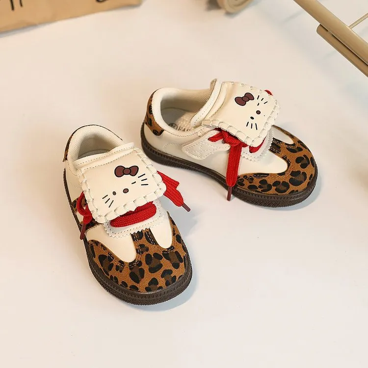 女宝宝可爱kitty猫豹纹德训鞋儿童板鞋女童春款单鞋翻鞋舌运动鞋