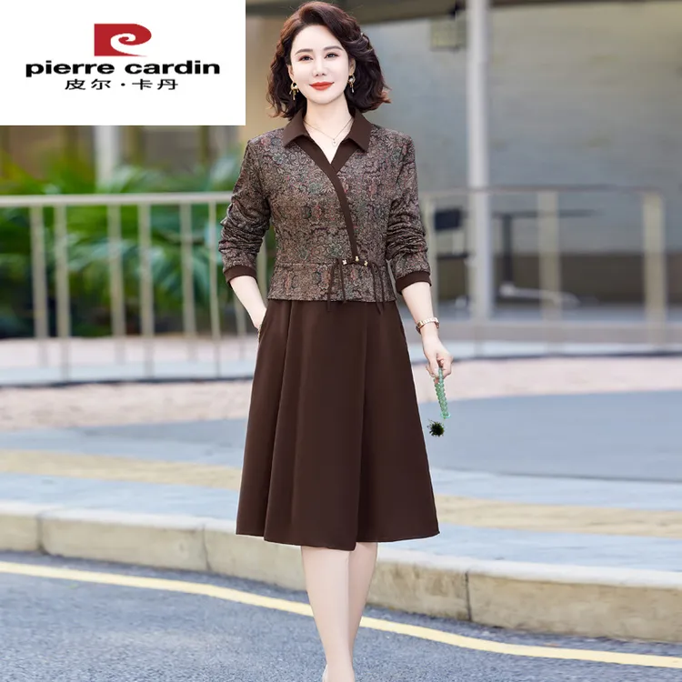 皮尔卡丹妈妈春装连衣裙洋气高贵新款新款中老年女装春秋假两件中