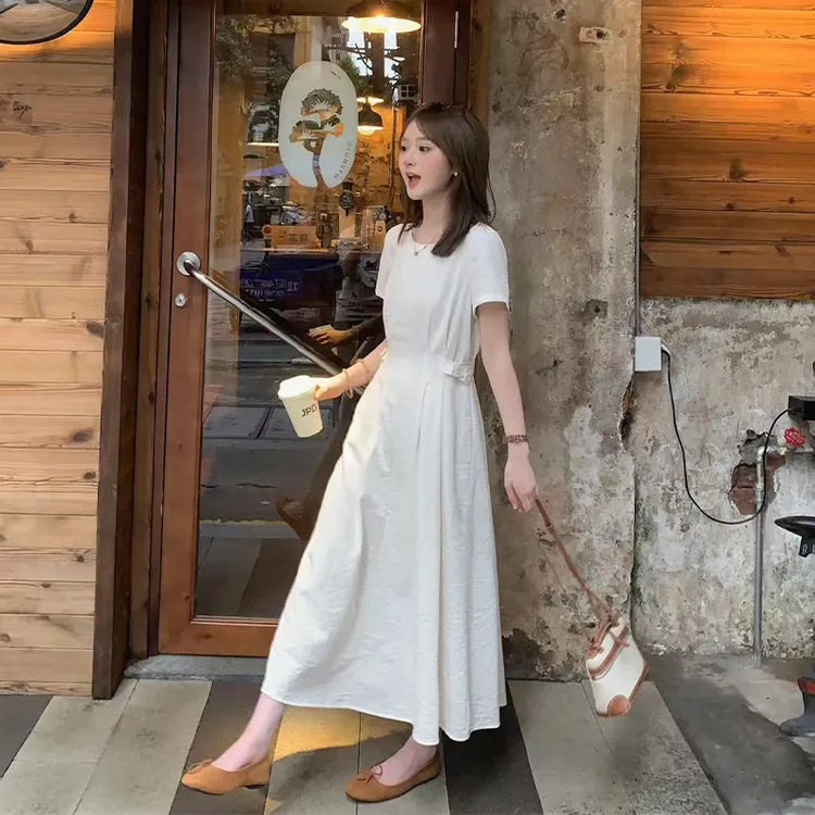FUGUI RICH小个子短袖连衣裙夏季新款设计感拼接褶皱法式中长裙