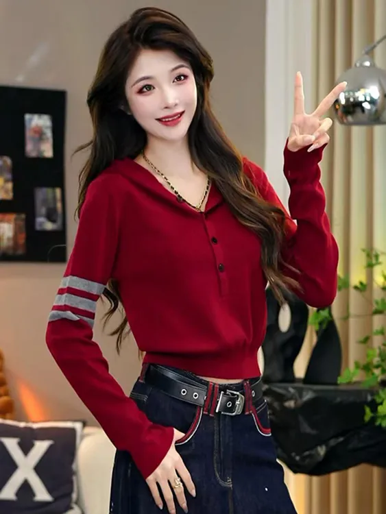撞色纽扣套头三条杠连帽针织衫女2025新款设计感韩系早秋穿搭上衣