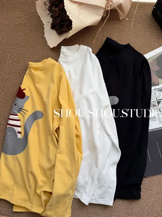 【瘦瘦】画家小猫-大码圆领全棉毛巾绣印花百搭显瘦可爱打底S02311