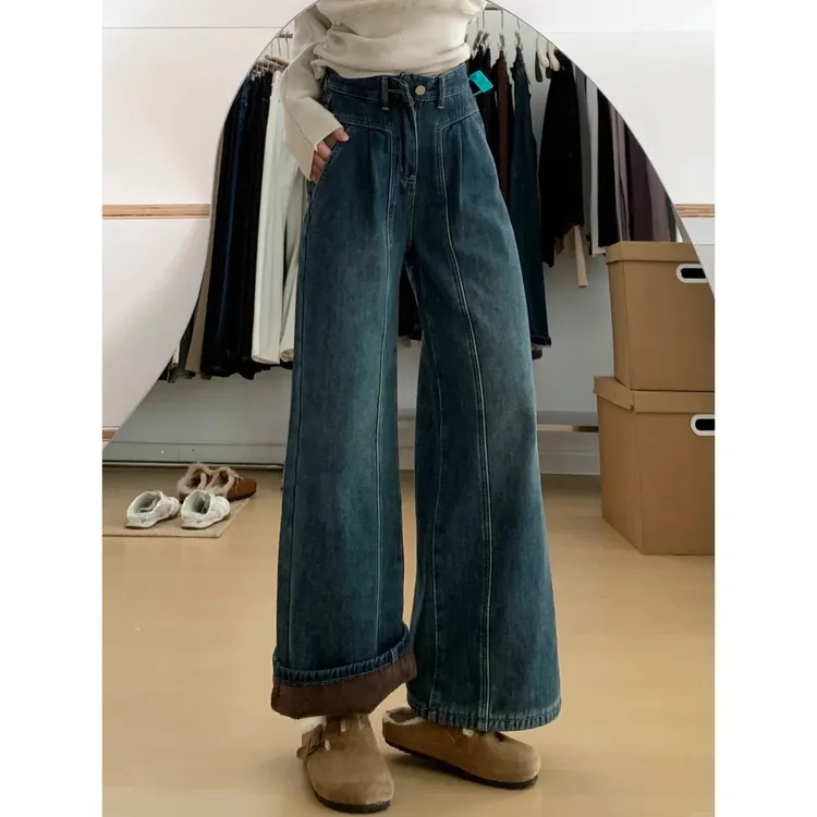 梨型身材加绒裤子冬加厚牛仔裤女款阔腿裤大码胖mm宽松显瘦直筒裤