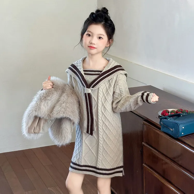 女童秋冬连衣裙2025新款儿童学院风仿皮草马甲毛衣裙大童公主裙子