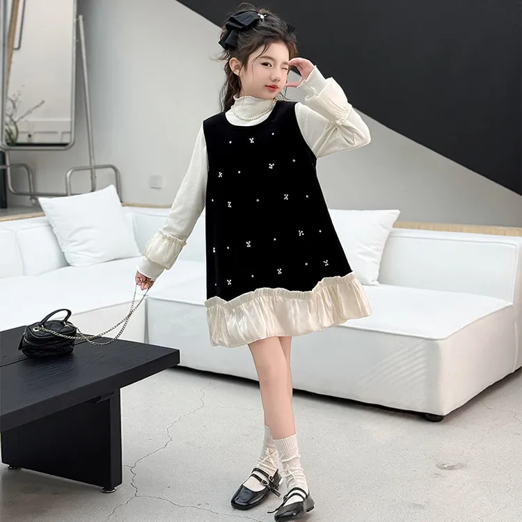 女童连衣裙套装2025新款春秋中大童打底衫中长款背心裙小香风春装