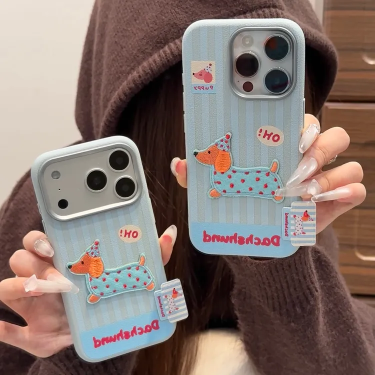 ins波点刺绣小狗标签适用苹果17/16秋冬15手机壳华为vivo小米oppo