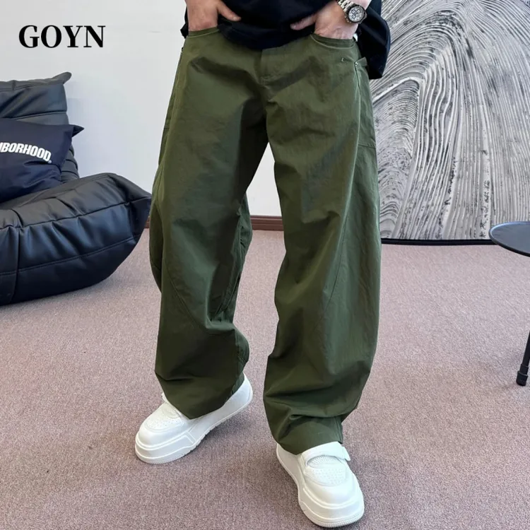 GOYN秋季新款时尚弯刀休闲裤男士潮流百搭纯色简约男装宽松哈伦裤