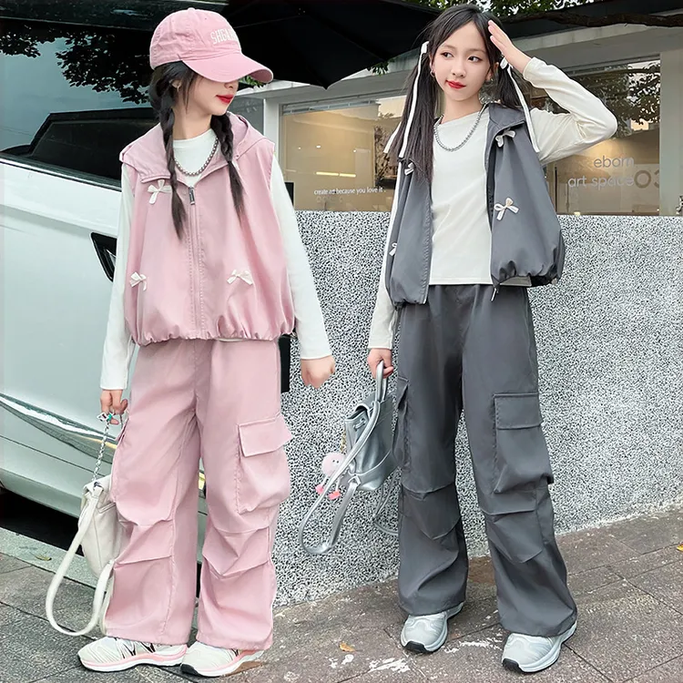 女童连帽马甲工装裤三件套春秋新款中大童潮酷穿搭洋气套装潮