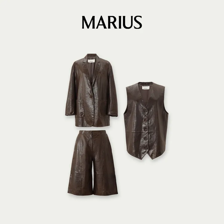 MARIUS’流浪皮衣‘气质百搭皮衣/马甲/中裤三件套