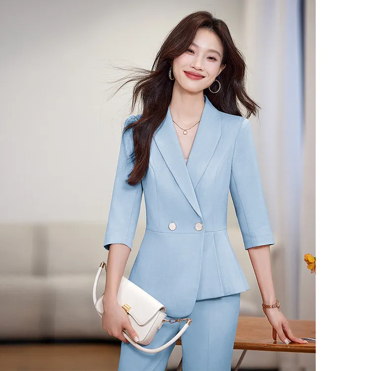 蓝色中袖西装女士夏季2025新款时尚气质高级中袖薄款西服外套休闲