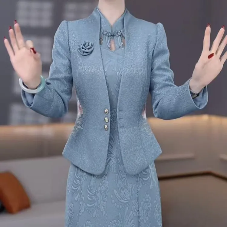 精纺新中式改良旗袍裙套装2025秋季新款古风端庄显瘦两件套连衣裙