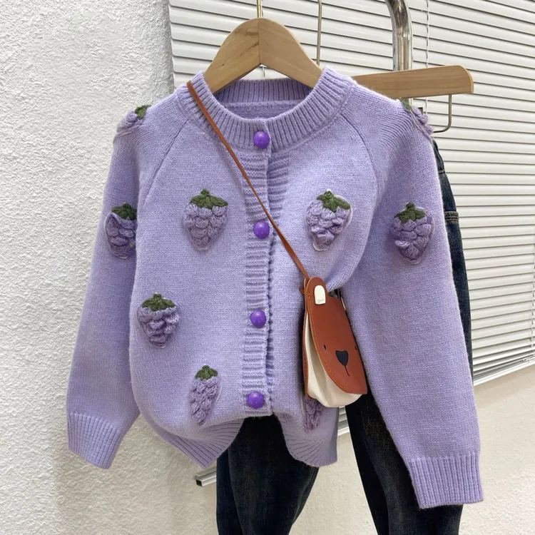 童装女童毛衣开衫2025春秋儿童外套小女孩洋气手工葡萄上衣
