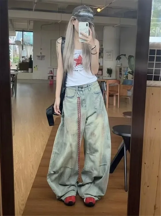 【现货+运费险+送挂绳】美式复古做旧脏染弯刀牛仔裤女秋季宽松显瘦