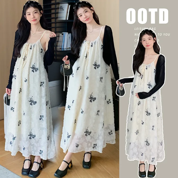 孕妇装春夏时尚重工刺绣设计感宽松连衣裙遮肉防晒开衫两件套新款