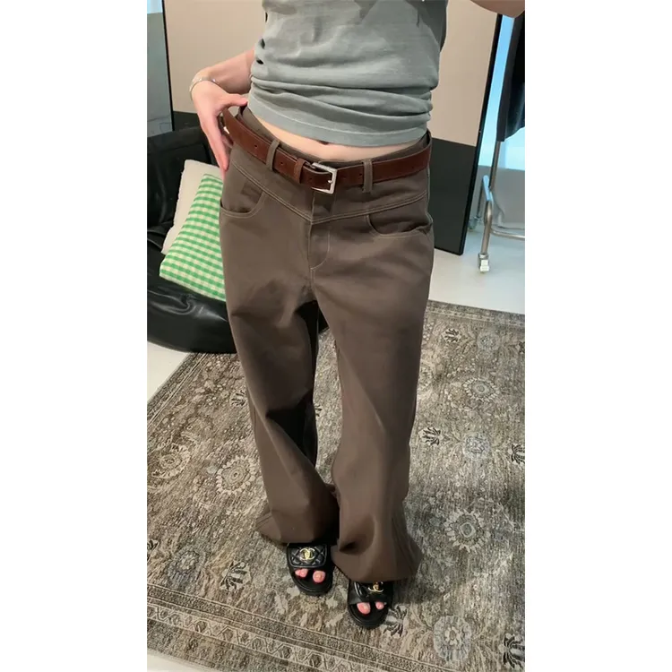 美式复古美拉德糖炒栗子色新品棉感休闲裤女解构拼接设计直筒裤子