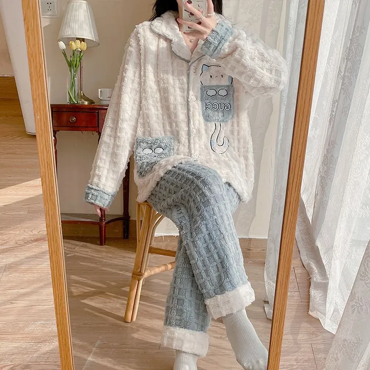 秋冬季加厚提花绒孕妇睡衣产后哺乳喂奶衣法兰绒月子服大码