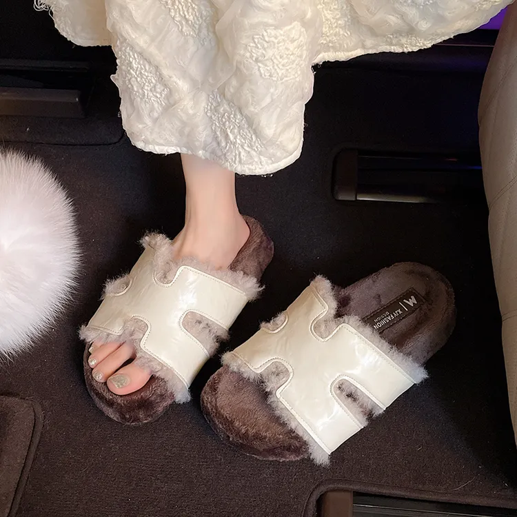 高颜值潮流厚底勃肯拖鞋女秋新款外穿拖鞋小个子增高绒面一字拖鞋