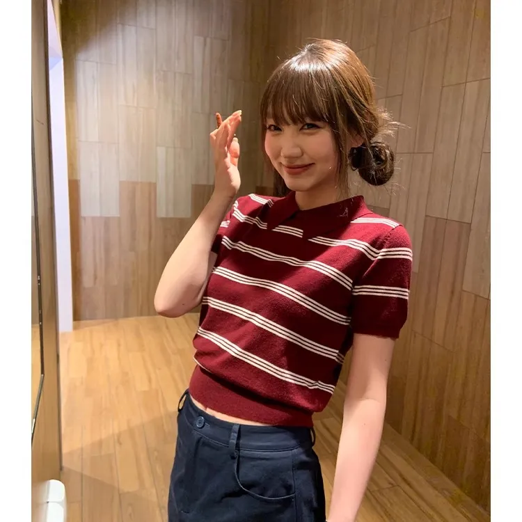 休闲减龄撞色条纹Polo领针织衫女夏季韩版宽松百搭高级感短袖上衣