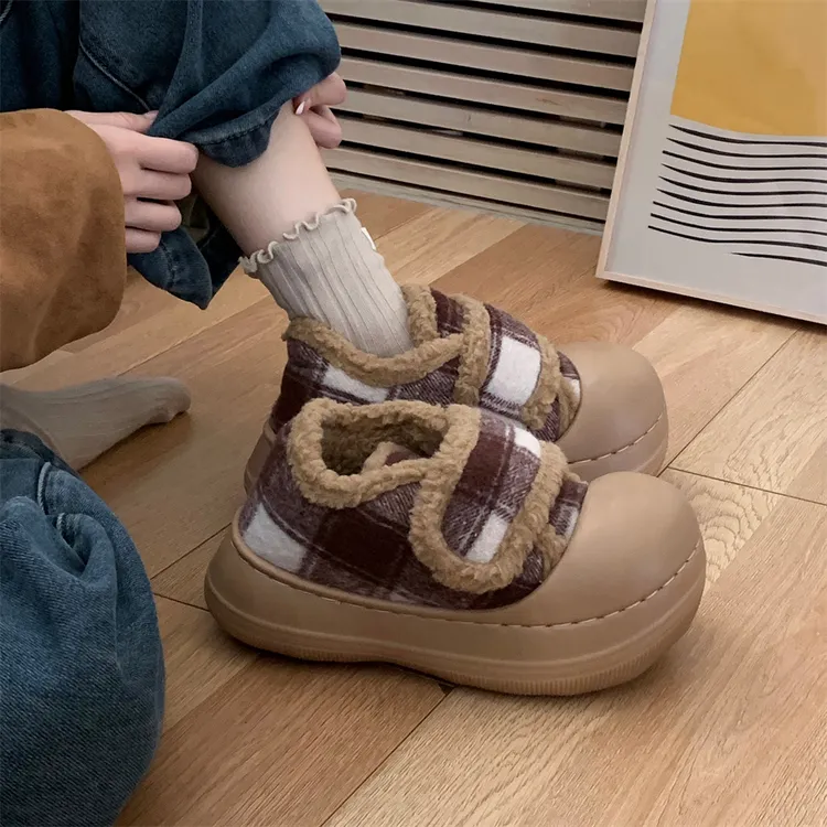 细细条 学生厚底外穿魔术贴亲子毛毛鞋撞色格子防滑面包鞋棉鞋冬