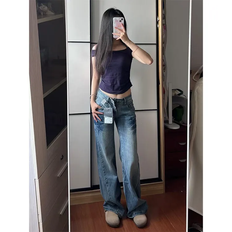 微胖mm美式复古低腰显瘦牛仔裤女秋季新款美式街头辣妹垂感阔腿裤