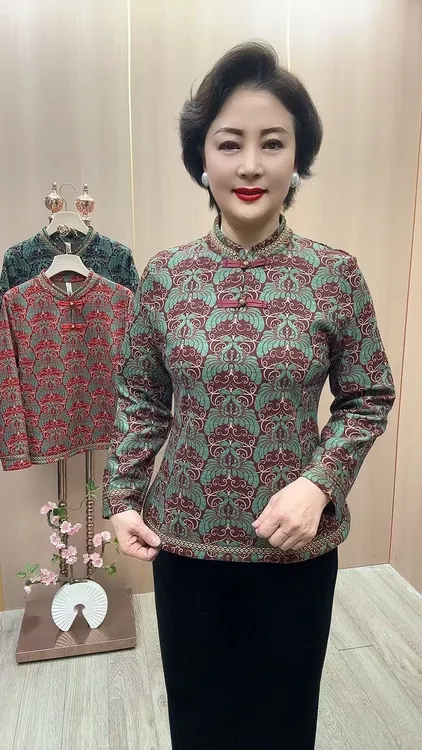 M#5216加绒衫长59-65中老年女装妈妈装新中式复古国风加绒衫