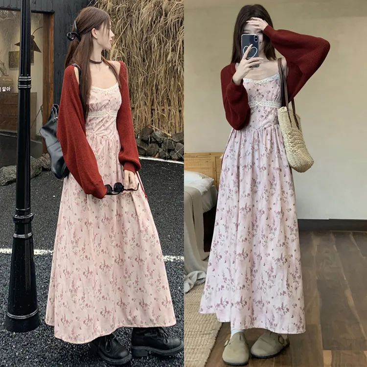大码胖mm秋冬复古甜美灯芯绒印花吊带裙+廓形毛衣开衫两件套装女