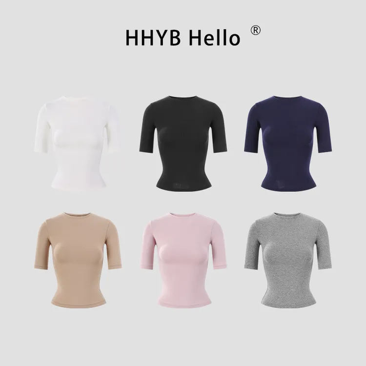 HHYB Hello2025新款修身显瘦基础款小圆领中袖修身正肩T恤250814