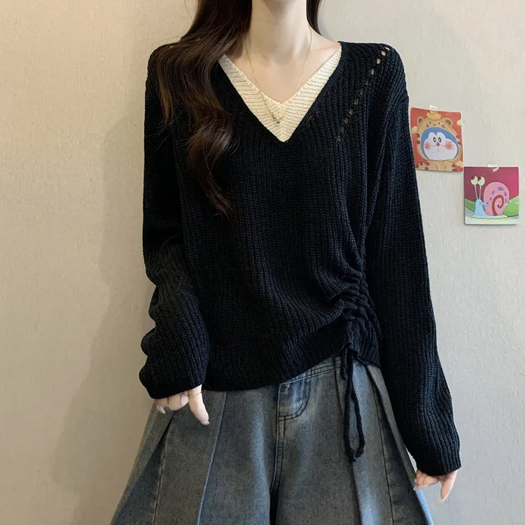 大码女装遮肚子V领抽绳长袖针织衫女春秋胖妹妹宽松显瘦别致上衣