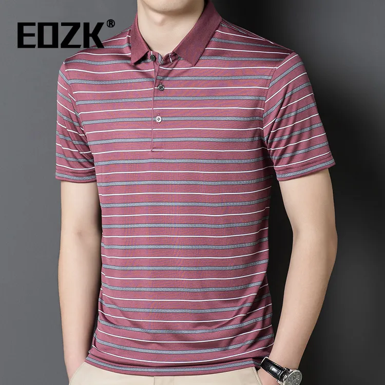 Eozk男休闲夏季POLO衫薄款冰丝凉爽垂感宽松条纹带领中年短袖T恤