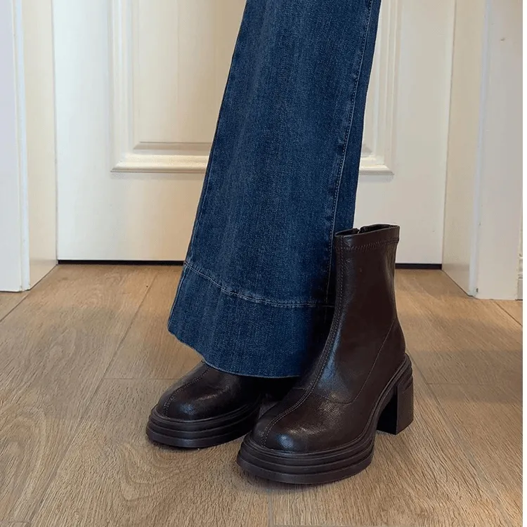 2025新款小个子增高瘦瘦靴女粗跟7cm 圆头厚底短靴女弹力靴后拉链