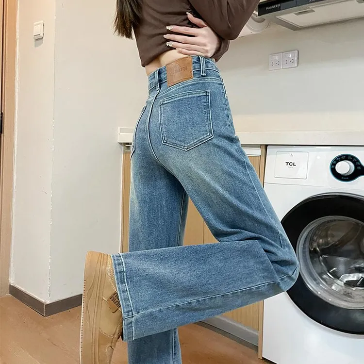 复古加绒牛仔裤女长裤秋冬季新款弹力直筒宽松高腰显瘦小个子裤子