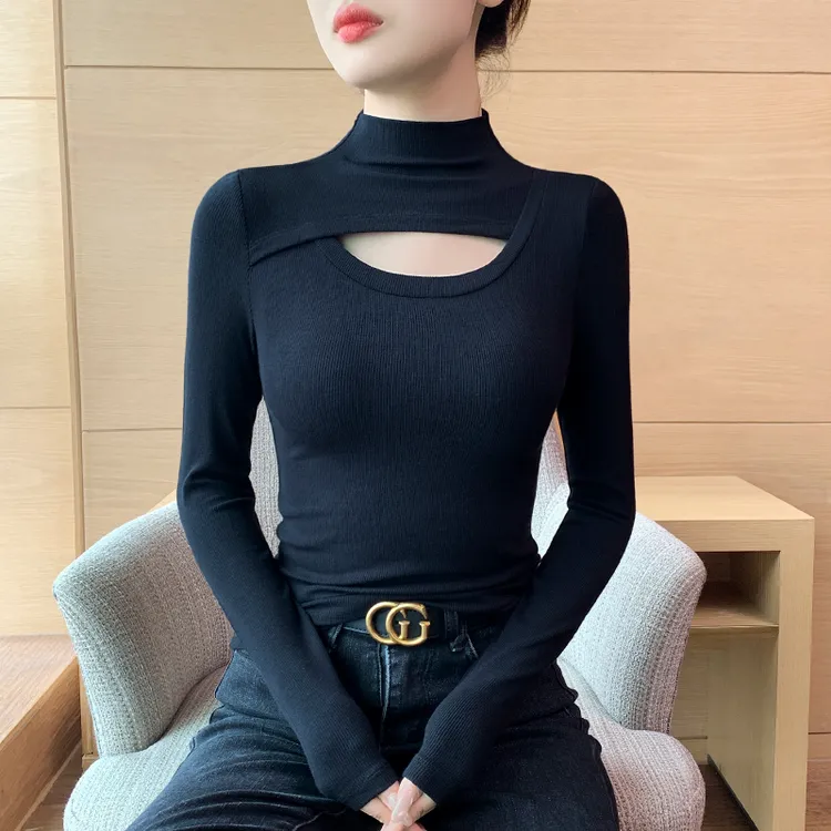 黑色针织螺纹镂空半高领打底衫女秋冬新款内搭设计感修身上衣