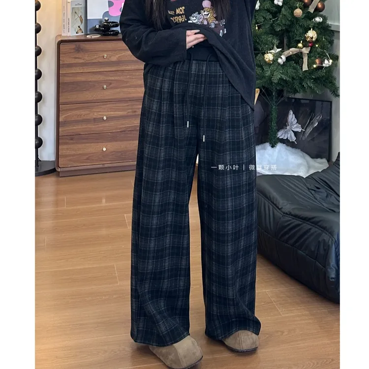 【一颗小叶  自制款】冬季大码慵懒风加绒加厚显瘦格子裤