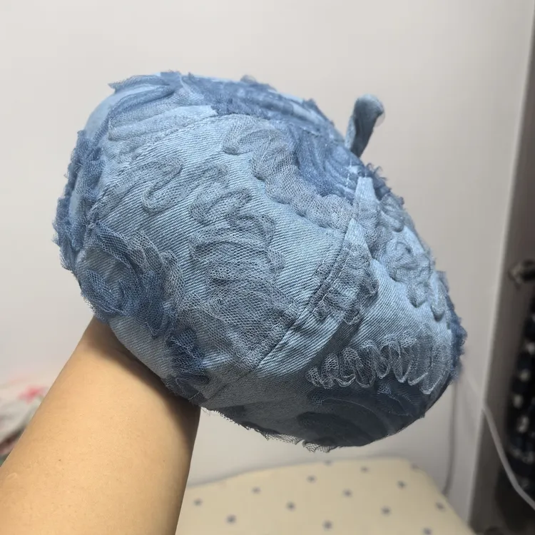 秋季牛仔盘花贝雷帽女士时尚韩版甜美优雅富婆帽网红爆款没有假发