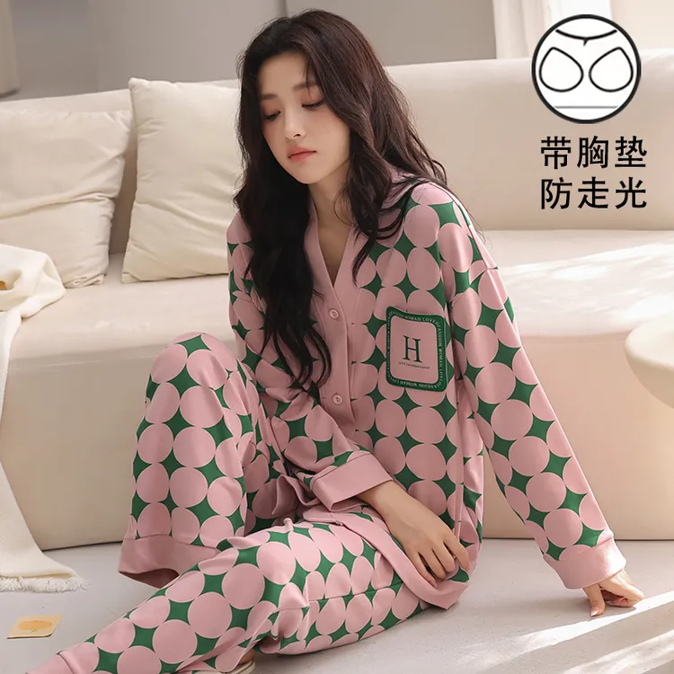 带胸垫女款春秋季家居服套装防凸点睡衣可外穿高级感宽松一体长袖