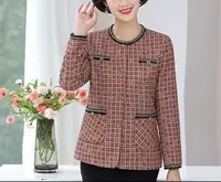 D713妈妈装秋季外套开衫格子花纹口袋大码圆领中老年女装外套