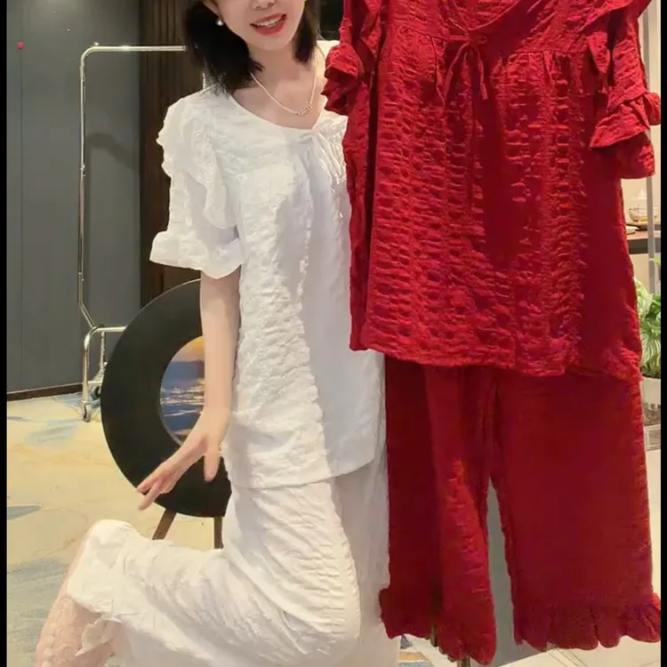 新款蕾丝拼接短袖长裤睡衣家居服